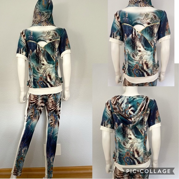 SALE💥NWT WOMEN TRACKSUIT SHORT SLEEVES STRETCH HOODED JACKET/PANTS ANIMAL PRINT - Picture 2 of 13